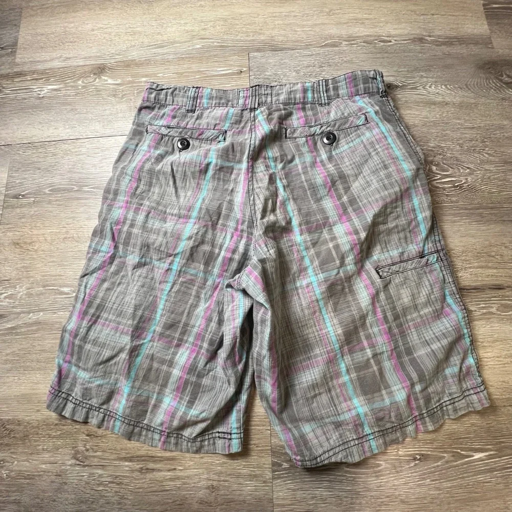 OP Plaid Shorts Mens 34 Grey Teal Purple Cotton Surf Skate Casual Board Shorts